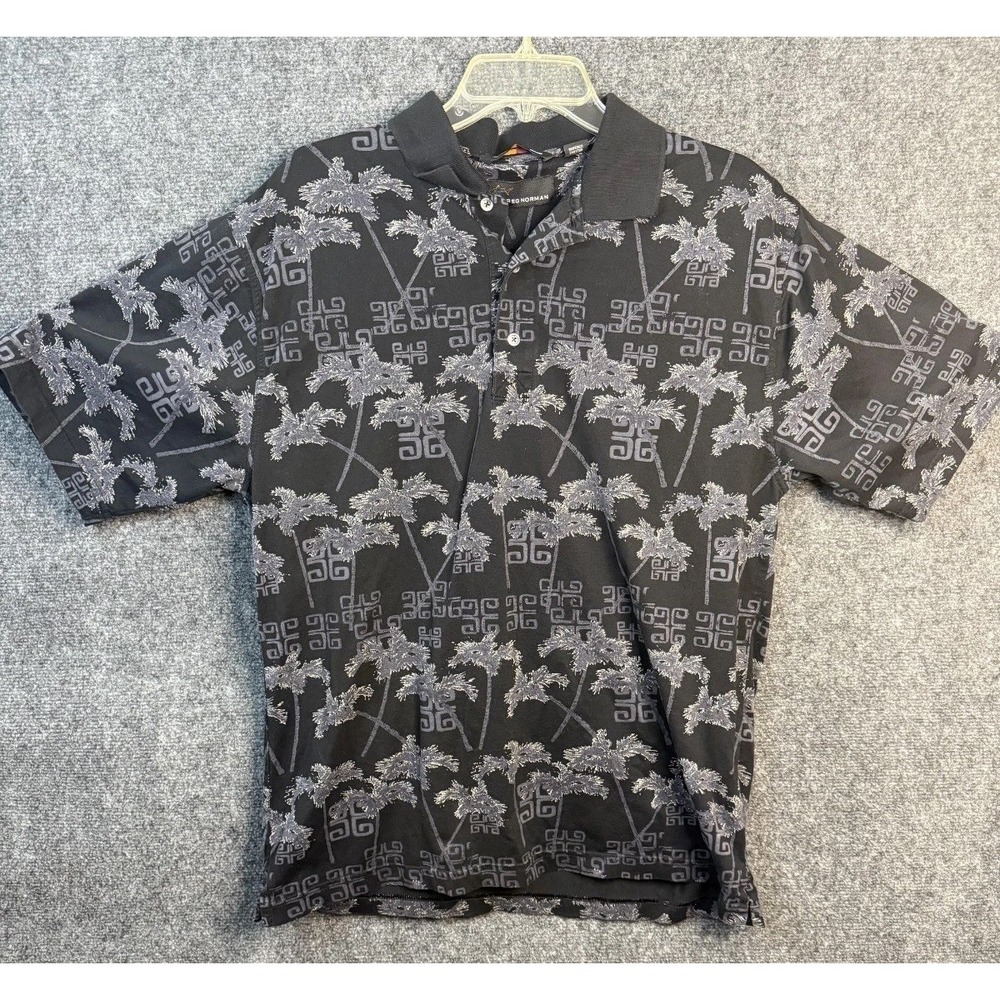 Greg Norman Short Sleeve Polo Shirt Men's Medium Black Grey Palm Tree Pattern